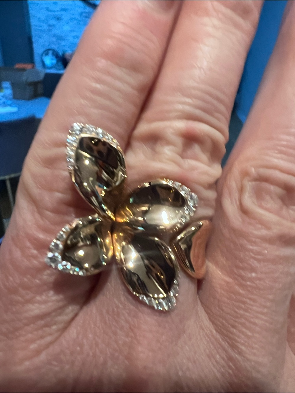 Pasquale Bruni Gold Flower Statement Ring with Crystal Edging